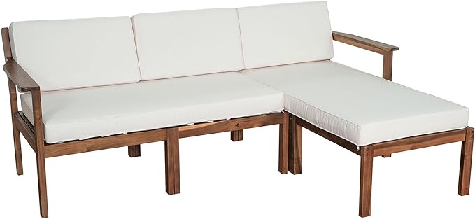 Outdoor Patio Furniture Set with Acacia Wood L-shaped Sectional Sofa, Armchair and A Small Table, 4-Piece for Gardens Backyards Balconies, Onesize, Beige Cushions - LeafyLoom