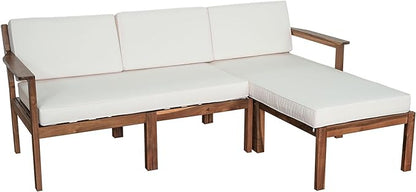 Outdoor Patio Furniture Set with Acacia Wood L-shaped Sectional Sofa, Armchair and A Small Table, 4-Piece for Gardens Backyards Balconies, Onesize, Beige Cushions - LeafyLoom