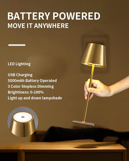 KDG 2 Pack Cordless Table Lamp,Portable LED Desk Lamp, 5000mAh Battery Operated, 3 Color Stepless Dimming Up, for Restaurant/Bedroom/Bars/Outdoor Party/Camping/Coffee Shop Night Light(Gold) - LeafyLoom