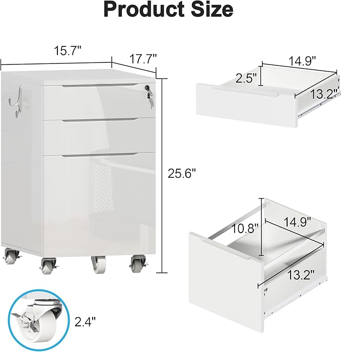 ChooChoo High Gloss File Cabinet with Lock,3 Drawer Rolling Filing Cabinet Fits Legal Size/A4/Letter, Under Desk File Cabinet with Hook for Home Office,White - LeafyLoom