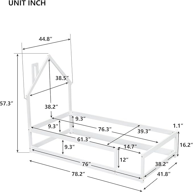 Bellemave Twin Size House-Shaped Headboard Floor Bed with Fences, Wooden Montessori Bed for Kids,House Bed Twin Frame for Girls,Boys (White) - LeafyLoom