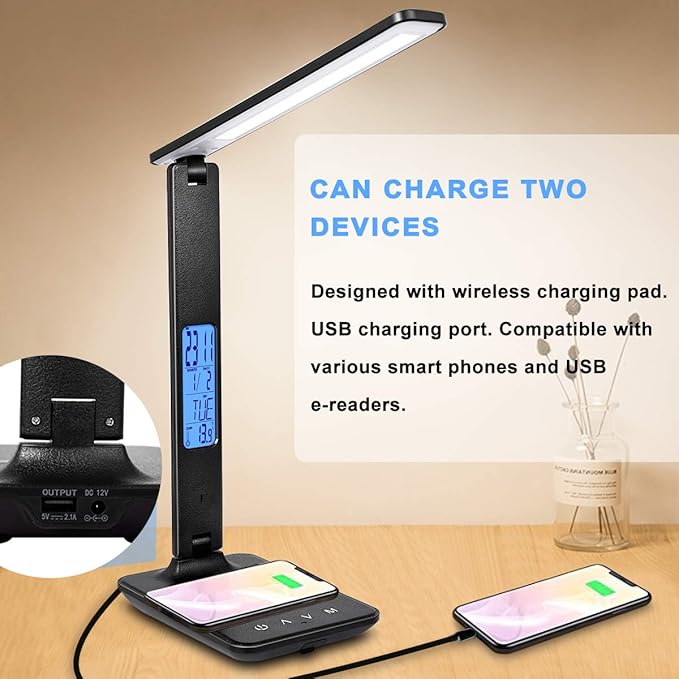 LED Desk Lamp, Desk Lamp with Wireless Charger, Suitable for Home, Office Dimmable Desk Lamp, with USB Charging Port, Built-in Clock, Calendar, Thermometer and Automatic Timing Reading Desk Lamp. - LeafyLoom