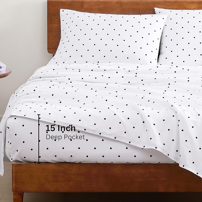 LANE LINEN 100% Organic Cotton Full Sheets Set 4-Piece Pure Percale Long Staple Bedding Breathable Fits Mattress Upto 15" Deep - Black Polka Dot - LeafyLoom