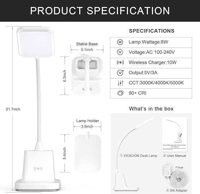 LED Desk Lamp with Wireless Charger for Home Office, Small with Pen Holder, 800LM,3 Color Modes,Gooseneck, Eye-Caring White Desk Lamps for Home College Dorm Room - LeafyLoom