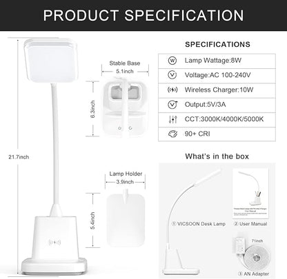 LED Desk Lamp with Wireless Charger for Home Office, Small with Pen Holder, 800LM,3 Color Modes,Gooseneck, Eye-Caring White Desk Lamps for Home College Dorm Room - LeafyLoom