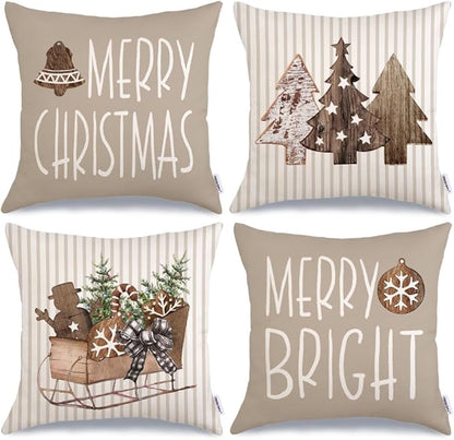 GEEORY Christmas Pillow Covers 20 x 20 Inch Set of 4, Striped Wooden Tree Snow Sleigh Merry Bright Xmas Holiday Decor Decorative Throw Cushion Case Decoration for Home Party Sofa Couch (Brown) GEEORY