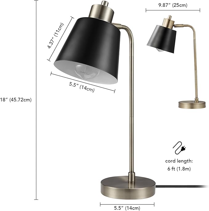 Globe Electric 61000055 18" Desk Lamp, Matte Brass Finish, Matte Black Metal Shade, Pivot Joint, On/Off Rotary Switch on Shade, E26 Base Bulb, Lamp for Living Room, Home Office - LeafyLoom