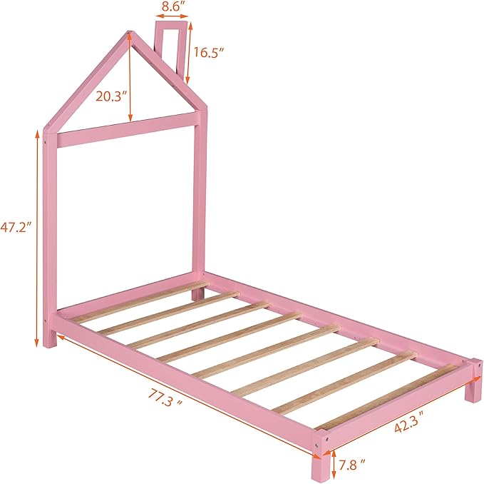 Jintop Twin Size Wood Platform Chimney and House-Shaped Headboard,Bedroom Furniture Bed Frame W/ 10 Slat Support,Easy to Install,for Teens Kids Girls Boys,Pink - LeafyLoom