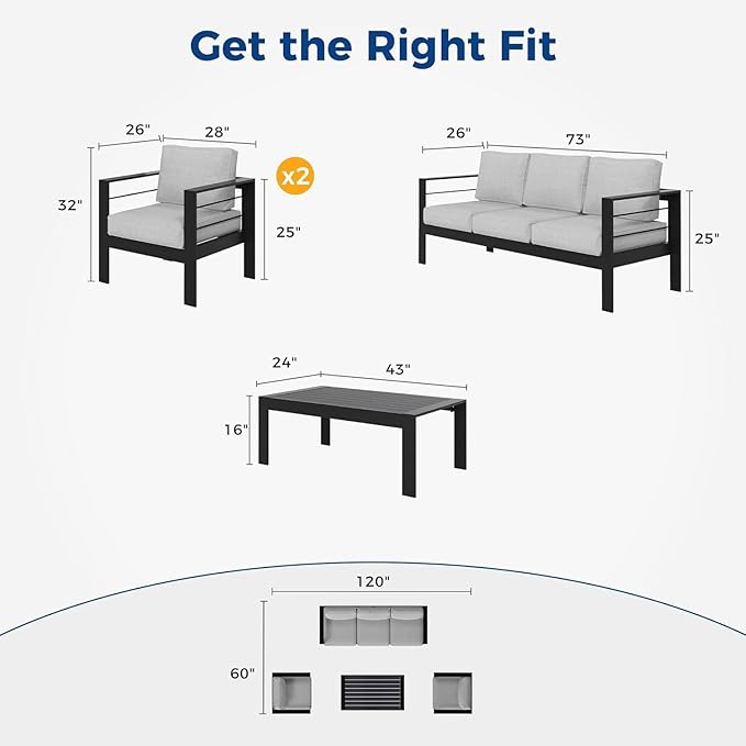 Wisteria Lane Aluminum Outdoor Patio Furniture Set, 4 Pcs Modern Outdoor Conversation Set Sectional Sofa with Upgrade Cushion and Coffee Table for Balcony,Black Frame and Grey Cushion - LeafyLoom