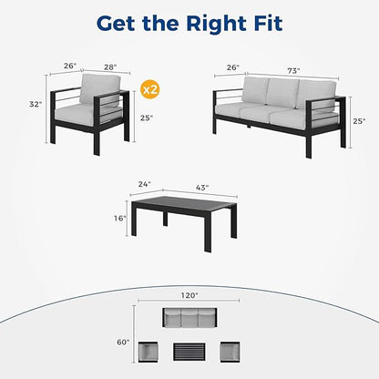 Wisteria Lane Aluminum Outdoor Patio Furniture Set, 4 Pcs Modern Outdoor Conversation Set Sectional Sofa with Upgrade Cushion and Coffee Table for Balcony,Black Frame and Grey Cushion - LeafyLoom