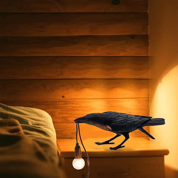 Raven Desk Lamp, Raven Lamp, Bird Lamp, Resin LED Bird Lamp for Bedroom/Office/Living Room/Farmhouse Art Deco with Plug (Sit) - LeafyLoom