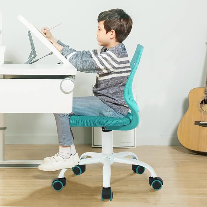 FurnitureR Desk Chair Armless Home Office Task Chair with Mesh Padded Cushion Swivel Study Chair with Rolling Wheels for Kids Teens Children, Turquoise - LeafyLoom