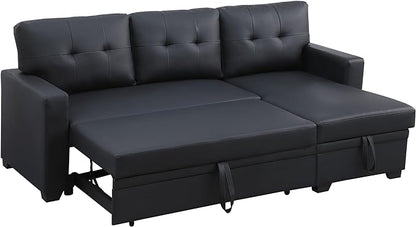 RITSU L-Shaped Sectional Upholstered Sofa Bed with Storage Chaise, Faux Leather Pull Out Corner Couch, Tufted Cushions, for Office, Living Room, Apartment, Black, 82 inch - LeafyLoom