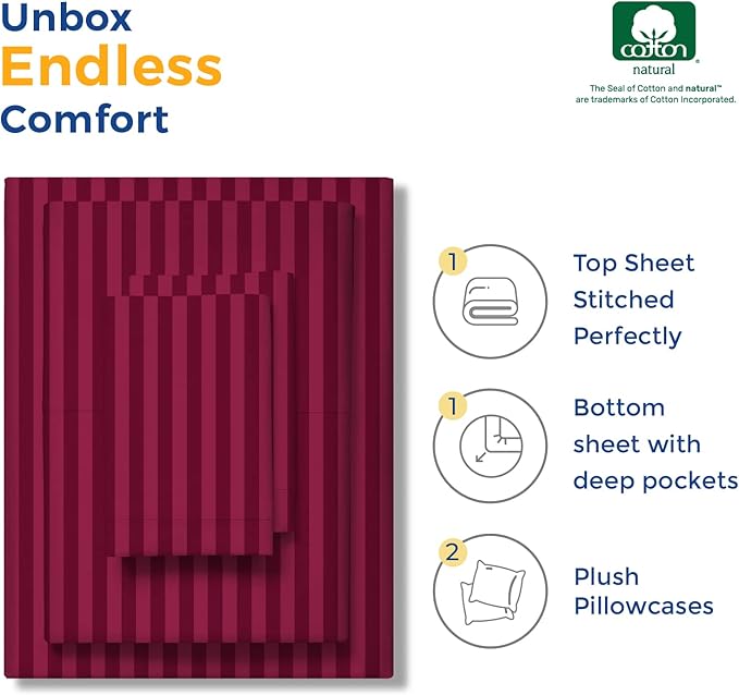 THREAD SPREAD Striped Egyptian Cotton Sheets Twin XL Size - 600 Thread Count 3 PC Damask Twin XL Sheets Deep Pocket, Sateen Weave College Dorm Bedding Twin XL, Fits Mattress upto 18" - Burgundy Stripe - LeafyLoom