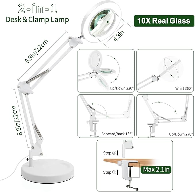 Magnifying Glass with Light and Stand, 10X Magnifying Lamp,Qsky 2-in-1 Desk Lamp with Clamp,3 Color Modes & Stepless Dimmable, LED Lighted Magnifier for Reading, Crafts, Repair, Close Work (White) - LeafyLoom