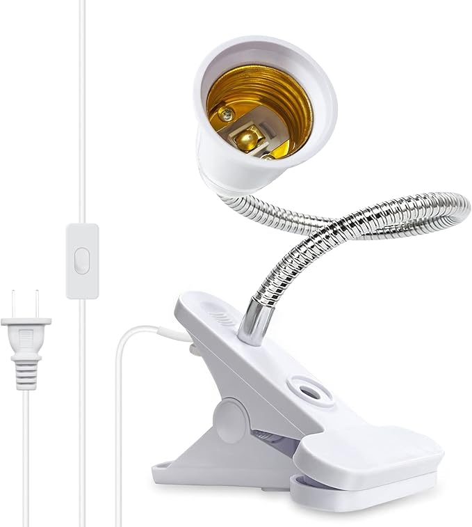 Clip Lamp Holder,Flexible Aluminum Neck Clamp Lights,360°Adjustable Clamp Light Socket,E26/E27 Clamp Light Fixture with 220CM Switch and Plug Cable,Clip Desk Lamp Holder for Study Work Reading,No Bulb - LeafyLoom