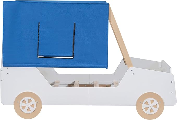 Full Size Race Jeep Car Bed Platform Bed with Tent Canopy and Wheels,Wood Bed Frame W/Raised Bed Design,for Kids Boys Girls Teens,White+Natural - LeafyLoom