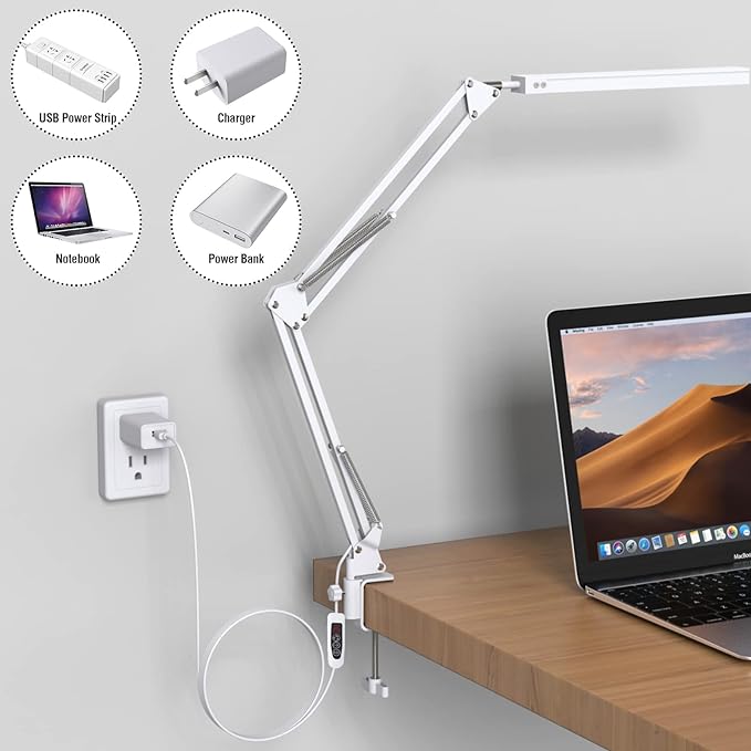 LED Desk Lamp, Swing Arm Desk Light with Clamp, 3 Lighting 10 Brightness Eye-caring Modes, reading desk lamps for home office 360°Spin with USB Adapter & Memory Function white-14W - LeafyLoom