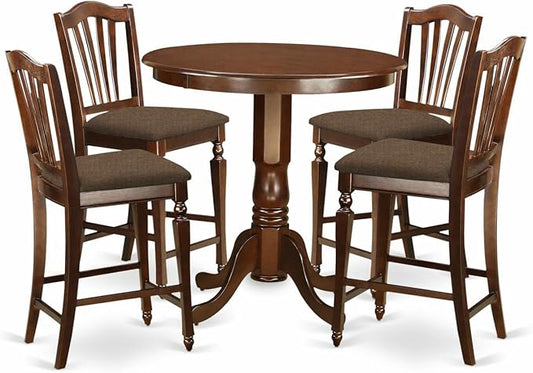 East West Furniture JACH5-MAH-C 5 Piece Counter Height Dining Table Set Includes a Round Kitchen Table with Pedestal and 4 Linen Fabric Upholstered Dining Chairs, 36x36 Inch, Mahogany - LeafyLoom