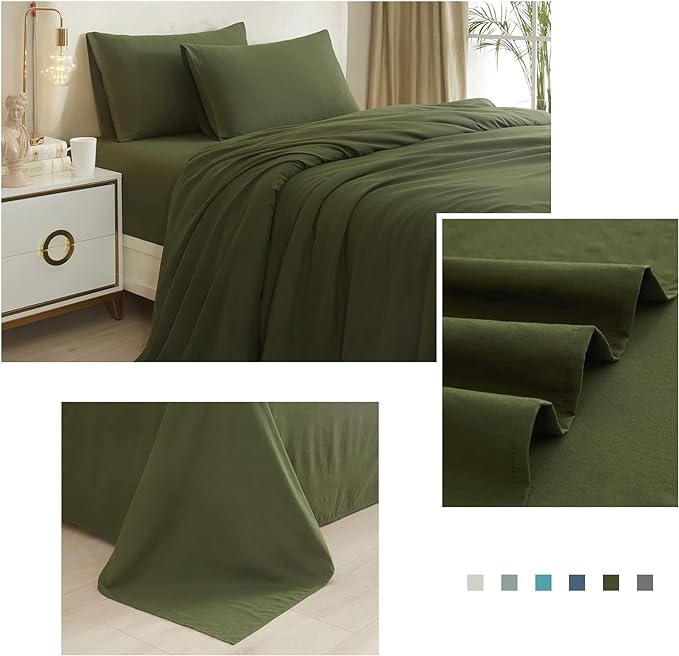 Army Green Full Size Sheet Set Extra Soft Deep Pocket Sheets Set,4 Piece Bed Fitted Sheets Fit 16 Mattress,Wrinkle,Fade,Sain Resistant Cooling Bed Sheets,Fitted Sheets,Pillowcases Set - LeafyLoom