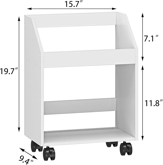 2-Tier Mobile Bookshelf, White Bookcase with Wheels, Rolling File Holder Desk File Book Organizer for Home Office Living Room School - LeafyLoom