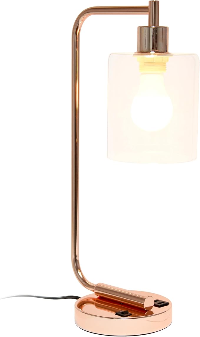 Simple Designs LD1066-RGD-LB Industrial Vintage Bronson Iron Lantern Desk Table Lamp with USB Port and Glass Cylinder Shade for Office, Living Room, Bedroom, Rose Gold, with Feit LED Bulb Included - LeafyLoom