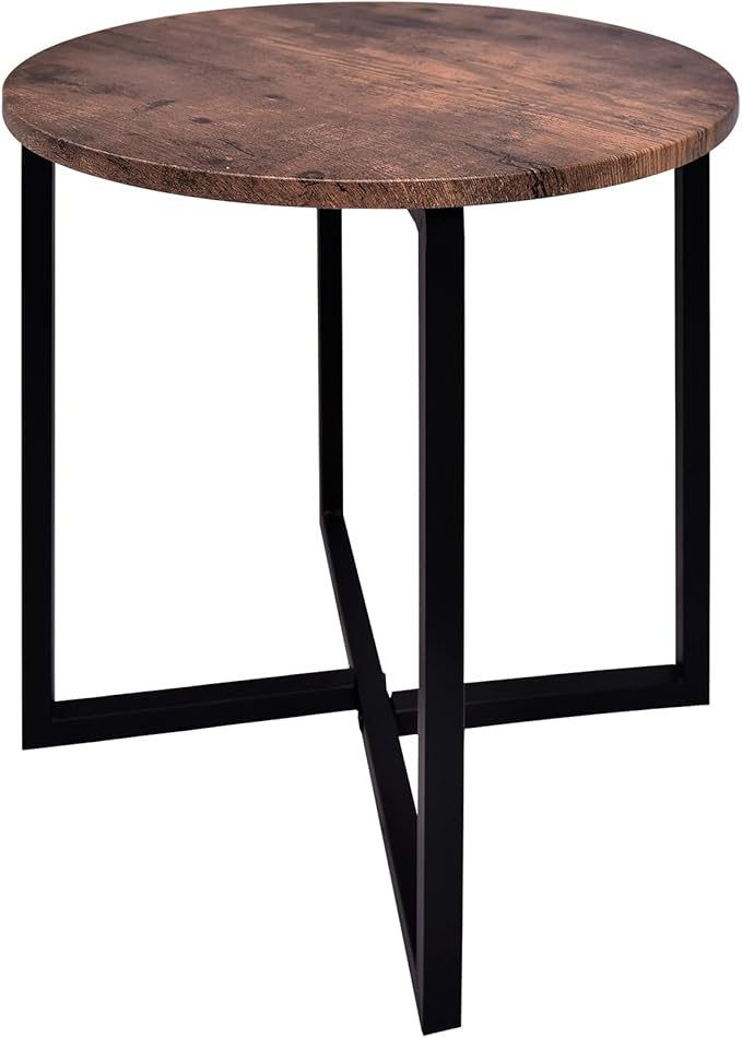 Round Coffee Table Rustic End Table Family Accent Table for Small Space in Living Room, Bedroom Stable Metal Frame, Rustic Brown - LeafyLoom