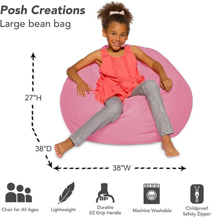 Posh Creations Bean Bag Chair for Kids, Teens, and Adults Includes Removable and Machine Washable Cover, Solid Pink, 38in - Large - LeafyLoom