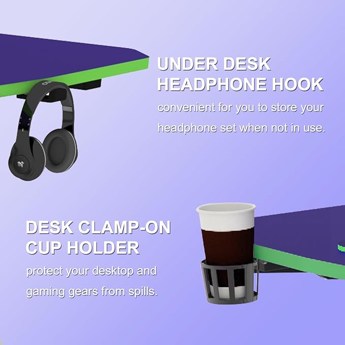 63 Inch Gaming Desk, with Carbon Fiber Surface, Lightning-Shaped PC Computer Table, with Headphone Holder, Cup Holder, Cable Management Box, Gaming Table for Gamer, Purple&Green - LeafyLoom