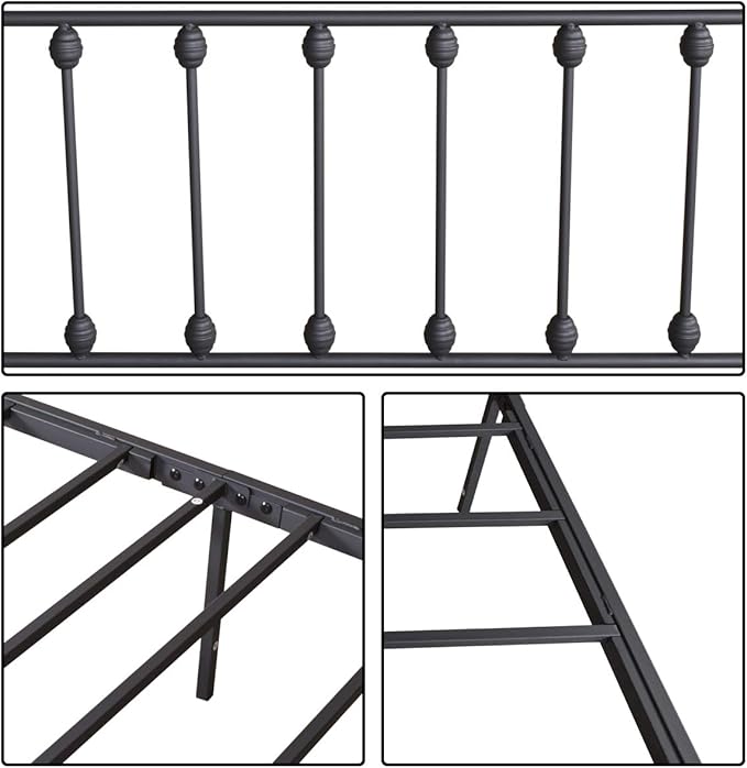 Vintage Queen Size Bed Frame with Headboard and Footboard Mattress Heavy Duty Metal Platform, Steel Slat Support (Queen, Black Sanded) - LeafyLoom