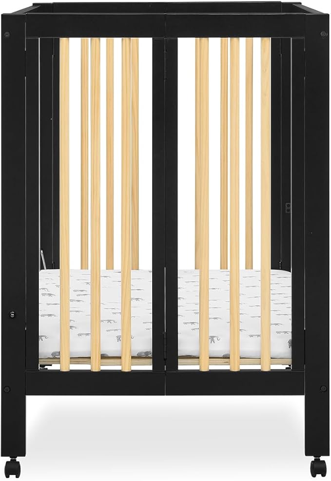 Delta Children Mia Portable Folding Mini Crib with 1.5-Inch Mattress - Greenguard Gold Certified, Ebony Black/Natural - LeafyLoom