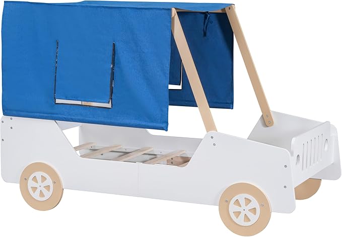 Full Size Race Jeep Car Bed Platform Bed with Tent Canopy and Wheels,Wood Bed Frame W/Raised Bed Design,for Kids Boys Girls Teens,White+Natural - LeafyLoom