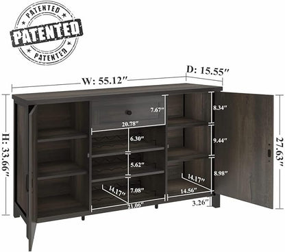 FATORRI Industrial Buffet Cabinet with Storage, Farmhouse Sideboard Cabinet with Wine Rack, Rustic Wood Coffee Bar Cabinet for Kitchen (55.12 Inch, Walnut Brown) - LeafyLoom