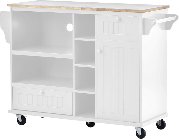 Kitchen Island with Storage, Rolling Table on Wheels Solid Wood Desktop, Microwave Cabinet, Floor Standing Buffet Server Sideboard for Dinning Room - LeafyLoom