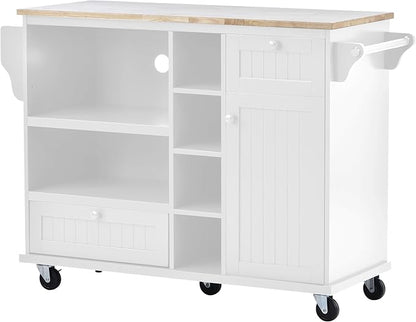 Kitchen Island with Storage, Rolling Table on Wheels Solid Wood Desktop, Microwave Cabinet, Floor Standing Buffet Server Sideboard for Dinning Room - LeafyLoom