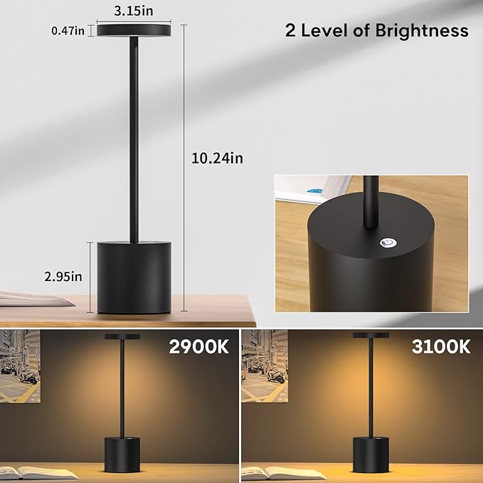 Cordless Table Lamp, 10.25in Rechargeable Portable Battery Operated Powered Desk Lamps Set of 2 Levels Dimmable Night Table Lights for Living Room Dining Restaurant Bar Garden Patio-Black - LeafyLoom