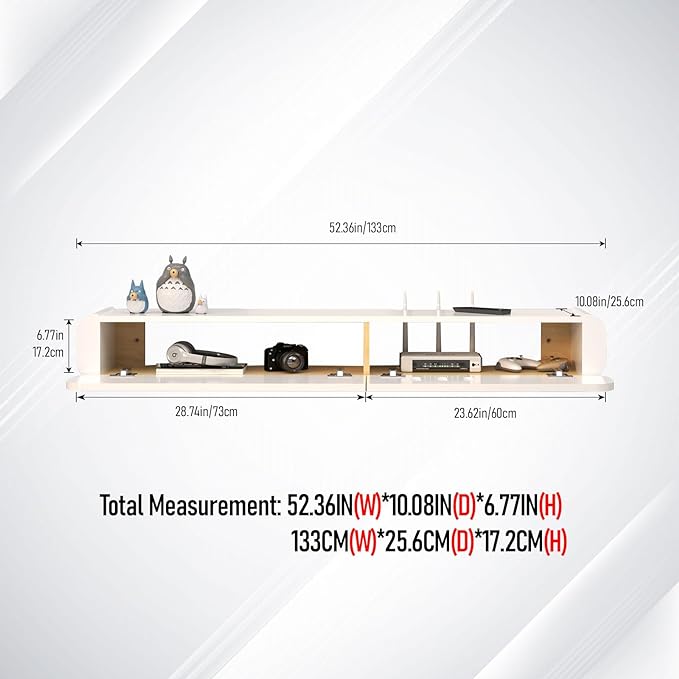 Floating TV Stand in Solid Wood, 52'' High Gloss Wall Mounted TV Cabinet, Floating TV Shelves with 2 Large Doors, Modern Entertainment Media Console Center Large Storage TV Bench (52.36IN) - LeafyLoom