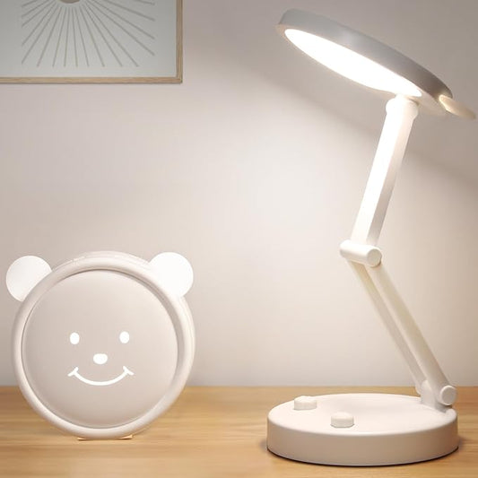 Boncoo Rechargeable Lamp, Cute Bear Battery Operated Desk Lamp Portable & Foldable, LED Cordless Lamp Dimmable with 3 Color Modes, Eye Caring Table Light Small Desk Lamps for Home Office Dorm - LeafyLoom