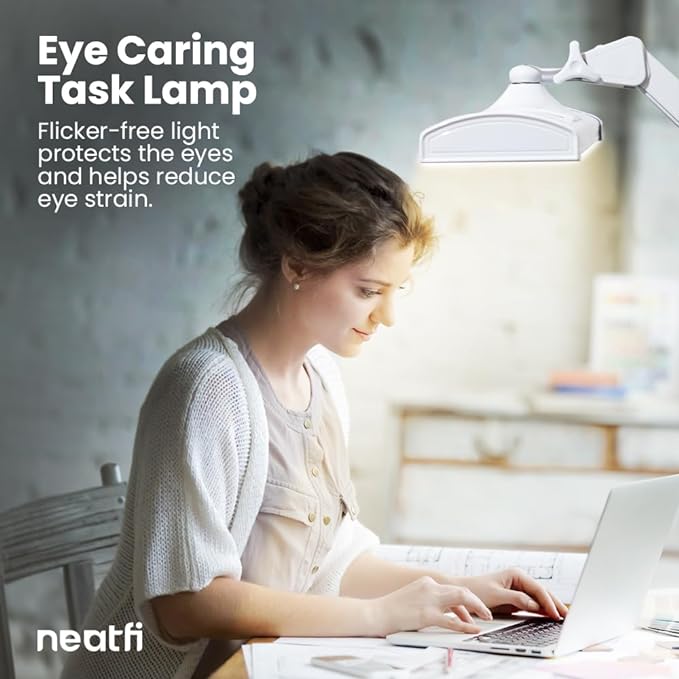 Neatfi Ultra 3,500 Lumen LED Desk Lamp, Color Correlated Temperature, 3 Light Modes, Dimmable, 45W, 26 Inch Wide Metal Shade, 540 SMD LEDs (CCT with Clamp, White) - LeafyLoom