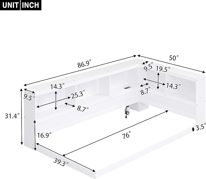 Wood Twin Size Corner Floor Bed with Storage Cabinets and USB Ports, Twin Daybed Frame with L-Shaped Bookcase Headboard for Living, Bedroom, Guest Room, White - LeafyLoom