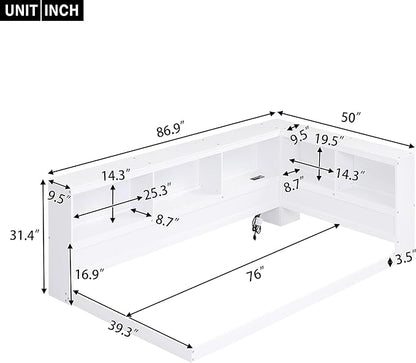 Wood Twin Size Corner Floor Bed with Storage Cabinets and USB Ports, Twin Daybed Frame with L-Shaped Bookcase Headboard for Living, Bedroom, Guest Room, White - LeafyLoom