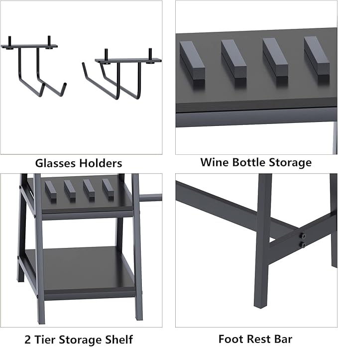 soges 3 Pieces Kitchen Dining Table Set for 4, Breakfast Table Set with 2 Benches, 4-Person Wooden Dinette with Wine Shelf and Glass Holder, Black 10CZWKDS04BW140 - LeafyLoom