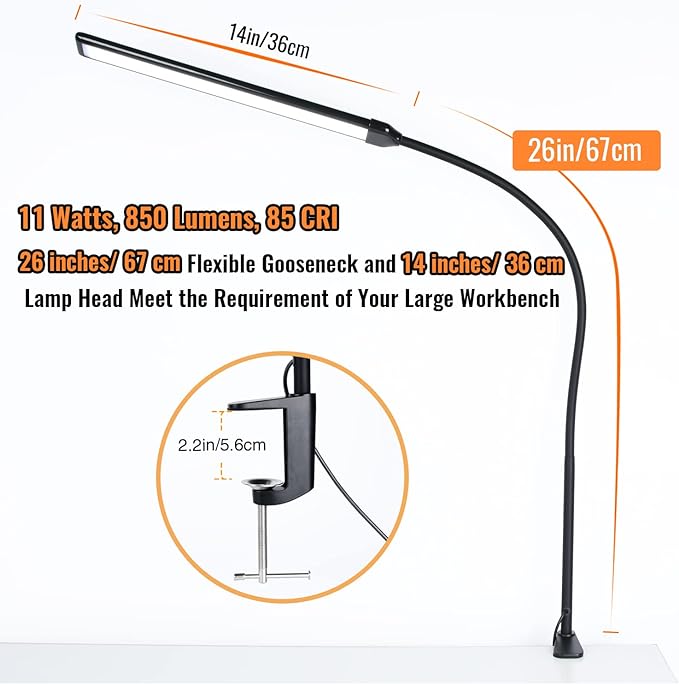 LED Desk Lamp with Clamp, Clamp Light, Tall Desk Lamp with Long Gooseneck, 11W, 850 LMS, 3 Color Modes, 10 Brightness Levels, Eye-Caring, Clip on Desk Light for Reading, Home, Office - LeafyLoom