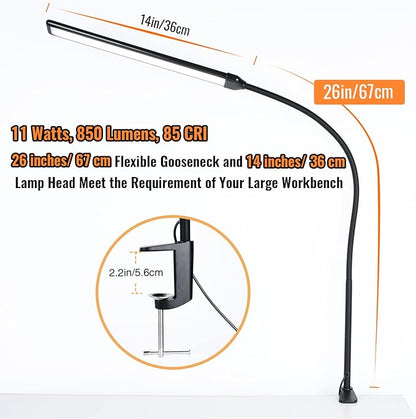 LED Desk Lamp with Clamp, Clamp Light, Tall Desk Lamp with Long Gooseneck, 11W, 850 LMS, 3 Color Modes, 10 Brightness Levels, Eye-Caring, Clip on Desk Light for Reading, Home, Office - LeafyLoom