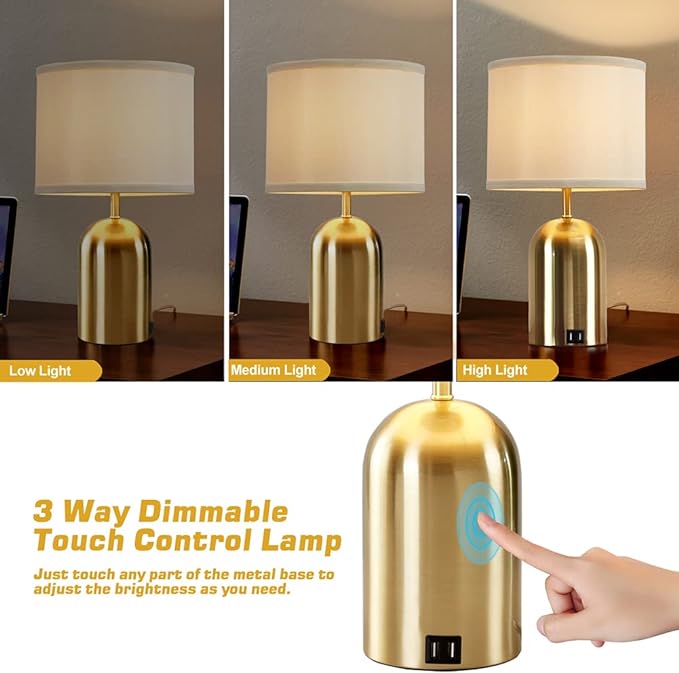 Bedside Lamp with USB Port, Touch Control Table Lamp for Bedroom 3 Way Dimmable Modern Nightstand Lamp with Fabric Shade Gold Base for Living Room, Dorm, Home Office, LED Bulb Included - LeafyLoom