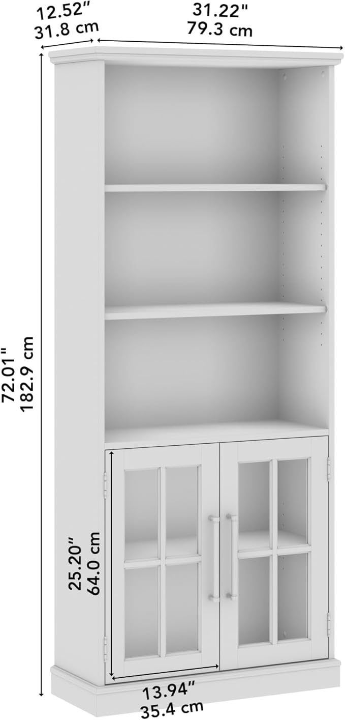 Bush Furniture Westbrook Tall 5 Shelf Bookcase with Glass Doors in White Ash | Farmhouse Bookshelf Cabinet for Living Room and Home Office - LeafyLoom