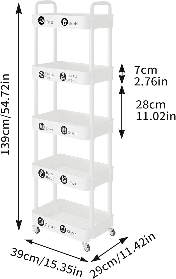 5-Tier Storage Cart,Multifunction Utility Rolling Cart Kitchen Storage Organizer,Mobile Shelving Unit Cart with Lockable Wheels for Bathroom,Laundry,with Classified Stickers,White - LeafyLoom