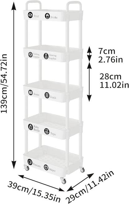 5-Tier Storage Cart,Multifunction Utility Rolling Cart Kitchen Storage Organizer,Mobile Shelving Unit Cart with Lockable Wheels for Bathroom,Laundry,with Classified Stickers,White - LeafyLoom