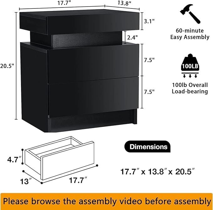 HOMMPA Set of 2 LED Nightstands Black Nightstand with Led Lights Modern Night Stand with 2 High Gloss Drawers Led Bedside Table Smart Nightstand for Bedroom 20.5” Tall - LeafyLoom