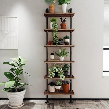 Industrial Pipe Bookshelves Rustic Wall Ladder Bookshelf Display Storage Stand Shelf Bookcase for Living Room, Kitchen, Office (6 Tier) - LeafyLoom